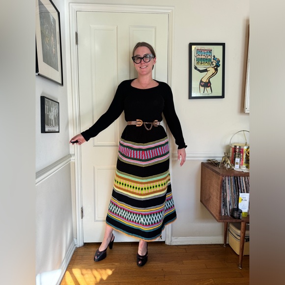 Vintage Dresses & Skirts - 70s Vintage Acrylic Knit Maxi Dress w Funky Striped Bottom